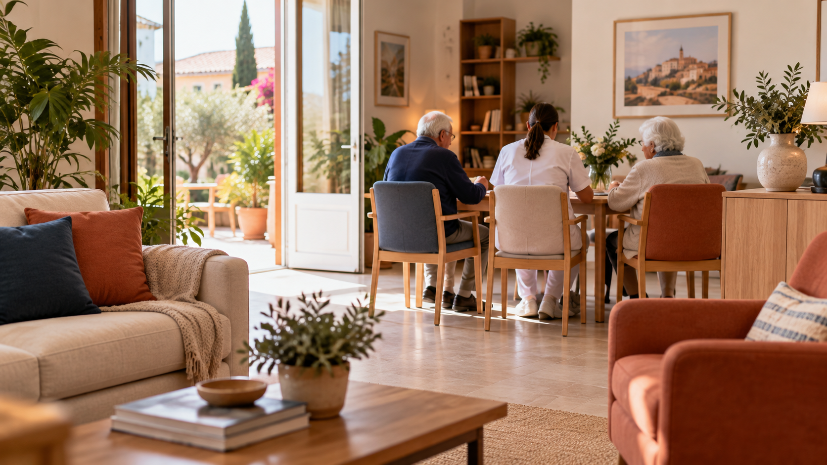 Sala residencial con personas mayores y una profesional; imagen ilustrativa original